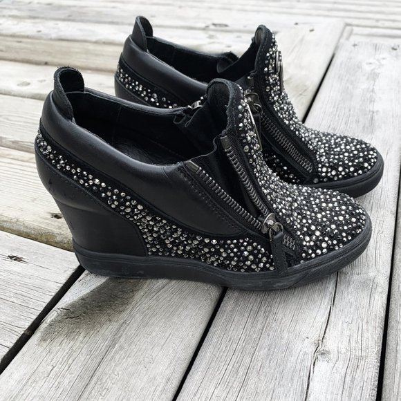 GIUSEPPE ZANOTTI - Black Suede Wedge Trainer With Crystals - Picture 3 of 5